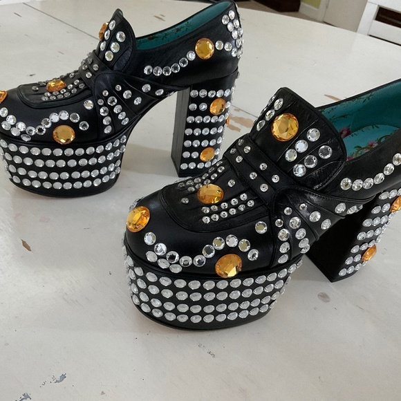Gucci Shoes - GUCCI Black Leather Jeweled Platform Chunky Heels Size 6.5